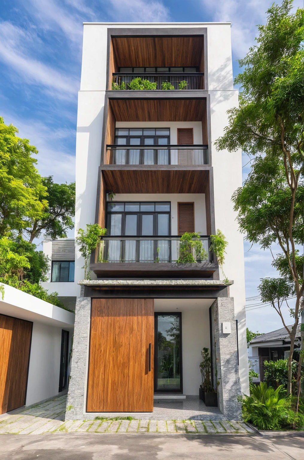masterpiece, best quality, exterior design, (sunset), single 1 storie modern house on the Vietnam village, marble, steel, modern dark tiled granite and white walls facade, wooden ceiling, large glass, minimalist modern style, green shrubs and tropical tree background, large door and windows.