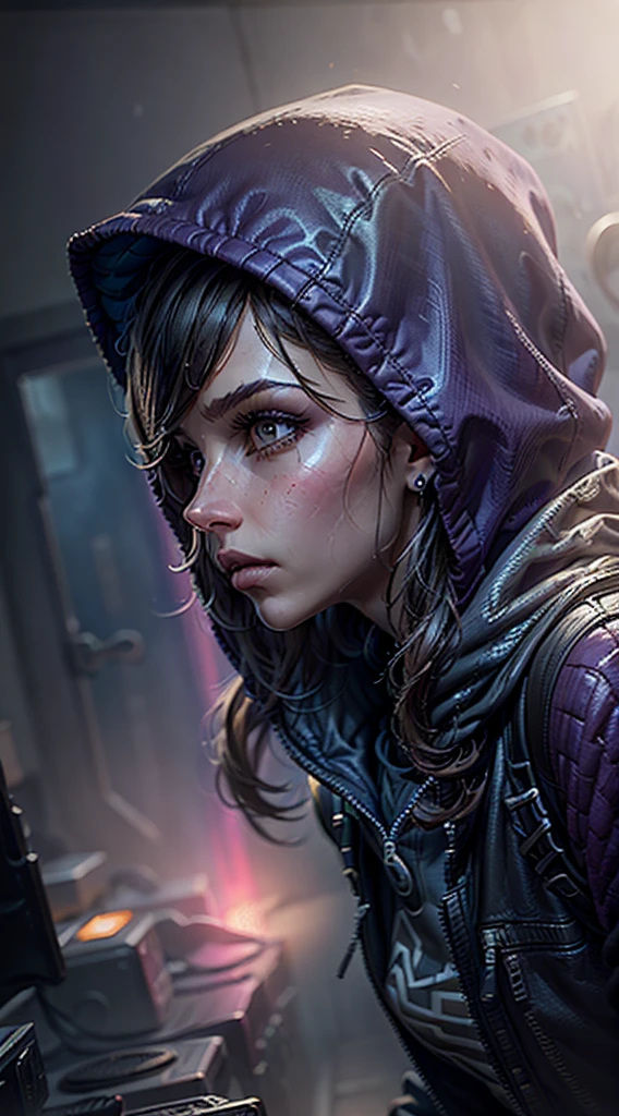 a close up portrait of a person wearing a purple hooded jacket, highly detailed cyberpunk digital painting, vibrant colors, dramatic lighting, profile view, official danganronpa style, masterpiece epic retrowave art, photorealistic, studio lighting, sharp focus, physically-based rendering, extreme detailed description, professional digital art