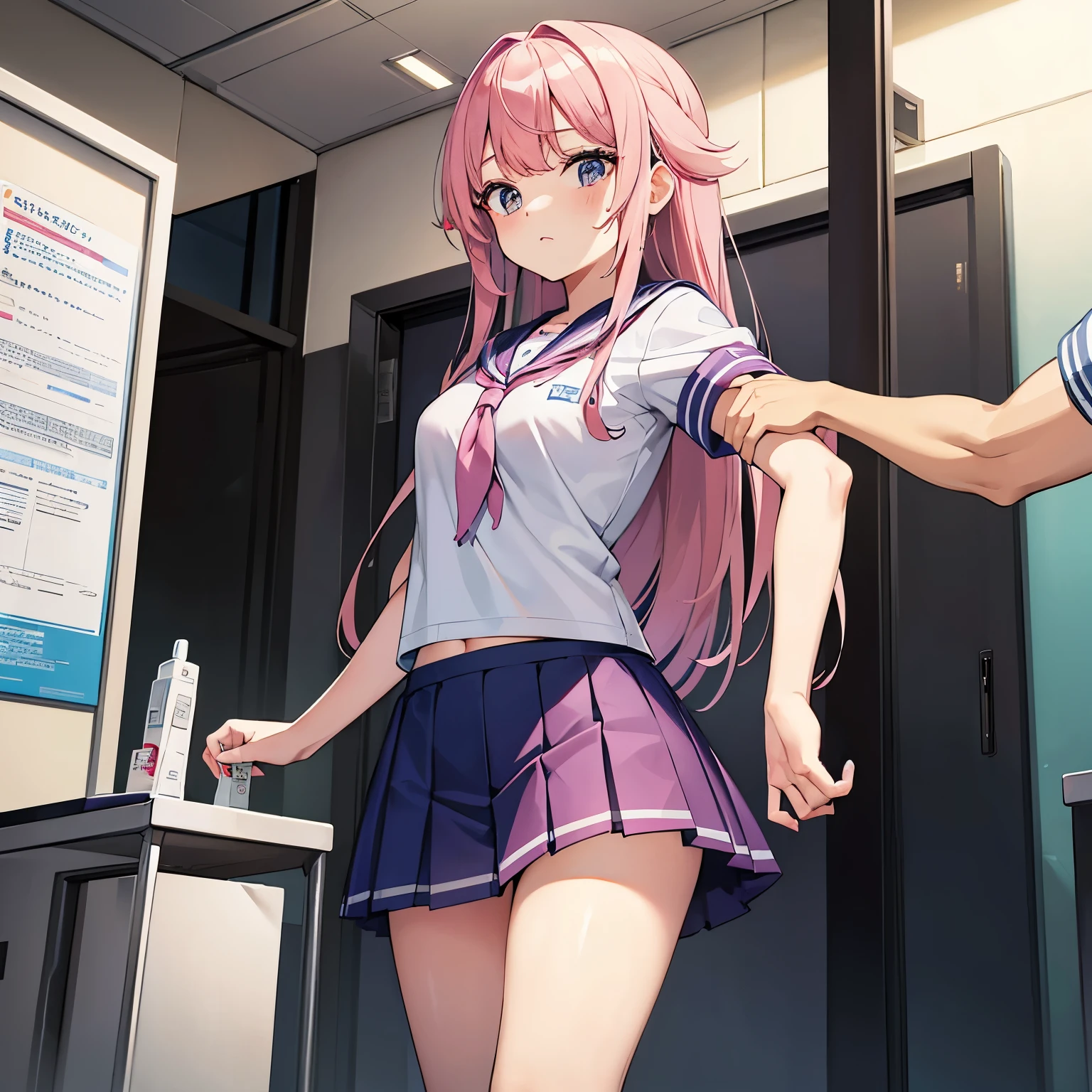 A pink-haired high school girl in a sailor uniform receives a vaccination、The man grabbed his arm、Take the syringe and stick it into your upper arm.。.
