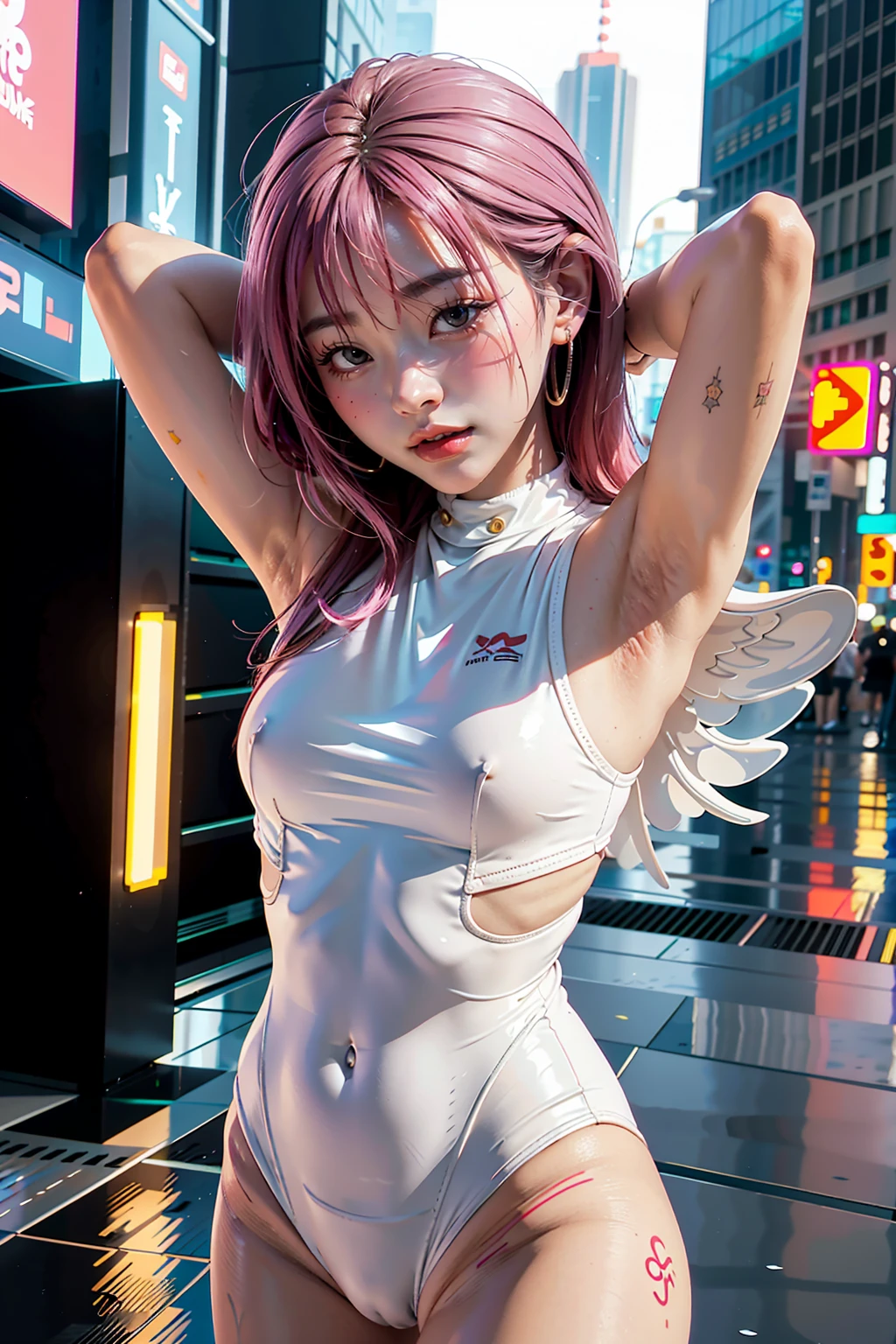 ((masterpiece, best quality, extremely detailed), volumetric lighting, ambient occlusion, colorful, glowing),
1girl, solo, young girl, (bob pink hair), long hair, halo, aura, sacred, godness, (arms up, sweet armpits) cyber suit, (white outfit:1.3), android, bot, angel wings,
outdoors, sunset, sky, clouds, space, (cyberpunk theme:1.2),