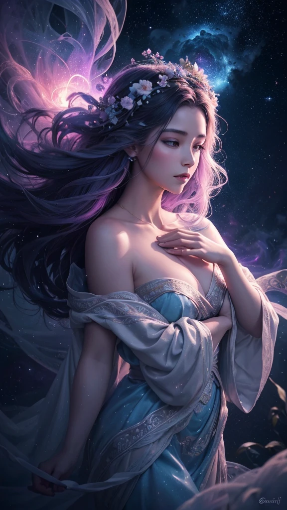 Digital painting by MSchiffer of a female Goddess, her physical body is transforming into smoke, wearing elegant robes as clothing that flows in the air in a waving way, perfectly detailed delicate face, soft features, the environment is the heart of a heavenly forest with trees and vines made out of nebulas and stars, in a classical style, celestial and cosmic, bold colors, soft billowing smoke, glowy cosmic flowers, billowing, cinematic lights, fantasy art, surreal, high contrast, HDR+, bokeh effect, cosmic, cosmos, nebula