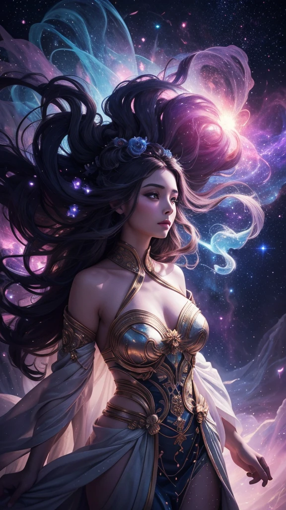 Digital painting by MSchiffer of a female Goddess, her physical body is transforming into smoke, wearing elegant robes as clothing that flows in the air in a waving way, perfectly detailed delicate face, soft features, the environment is the heart of a heavenly forest with trees and vines made out of nebulas and stars, in a classical style, celestial and cosmic, bold colors, soft billowing smoke, glowy cosmic flowers, billowing, cinematic lights, fantasy art, surreal, high contrast, HDR+, bokeh effect, cosmic, cosmos, nebula