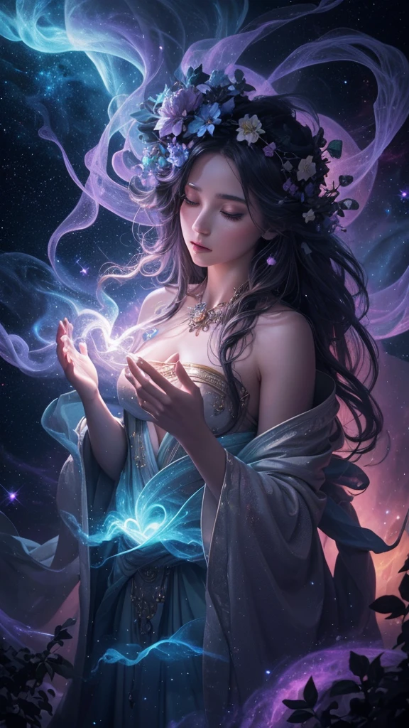Digital painting by MSchiffer of a female Goddess, her physical body is transforming into smoke, wearing elegant robes as clothing that flows in the air in a waving way, perfectly detailed delicate face, soft features, the environment is the heart of a heavenly forest with trees and vines made out of nebulas and stars, in a classical style, celestial and cosmic, bold colors, soft billowing smoke, glowy cosmic flowers, billowing, cinematic lights, fantasy art, surreal, high contrast, HDR+, bokeh effect, cosmic, cosmos, nebula