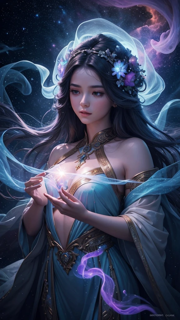 Digital painting by MSchiffer of a female Goddess, her physical body is transforming into smoke, wearing elegant robes as clothing that flows in the air in a waving way, perfectly detailed delicate face, soft features, the environment is the heart of a heavenly forest with trees and vines made out of nebulas and stars, in a classical style, celestial and cosmic, bold colors, soft billowing smoke, glowy cosmic flowers, billowing, cinematic lights, fantasy art, surreal, high contrast, HDR+, bokeh effect, cosmic, cosmos, nebula