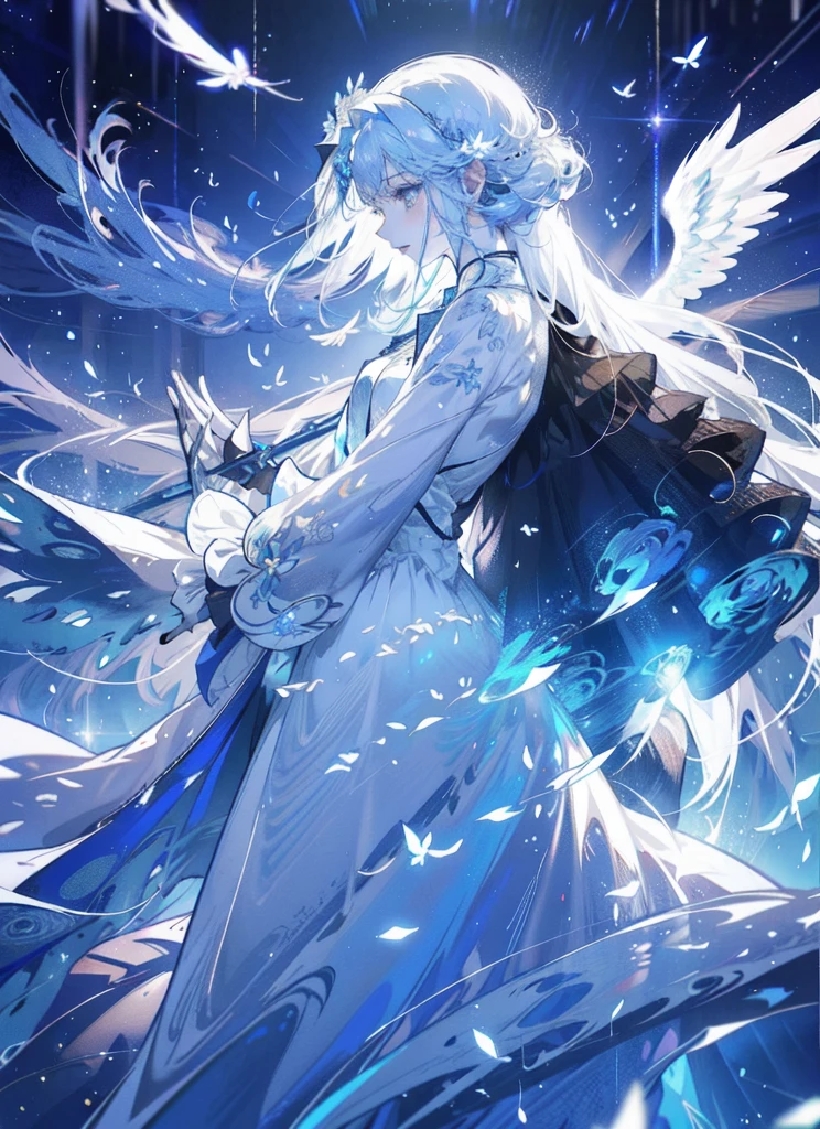 An angel is depicted with a pale and luminous complexion, their skin seemingly glowing with an otherworldly radiance. They are adorned with a pair of sparkling and graceful wings, symbolizing their divine nature. The scene is ethereal and enchanting, capturing the beauty and mystery of these celestial beings. angel, pale, luminous, complexion, glowing, otherworldly, radiance, sparkling, graceful, wings, divine, ethereal, enchanting, beauty, mystery.upper body,