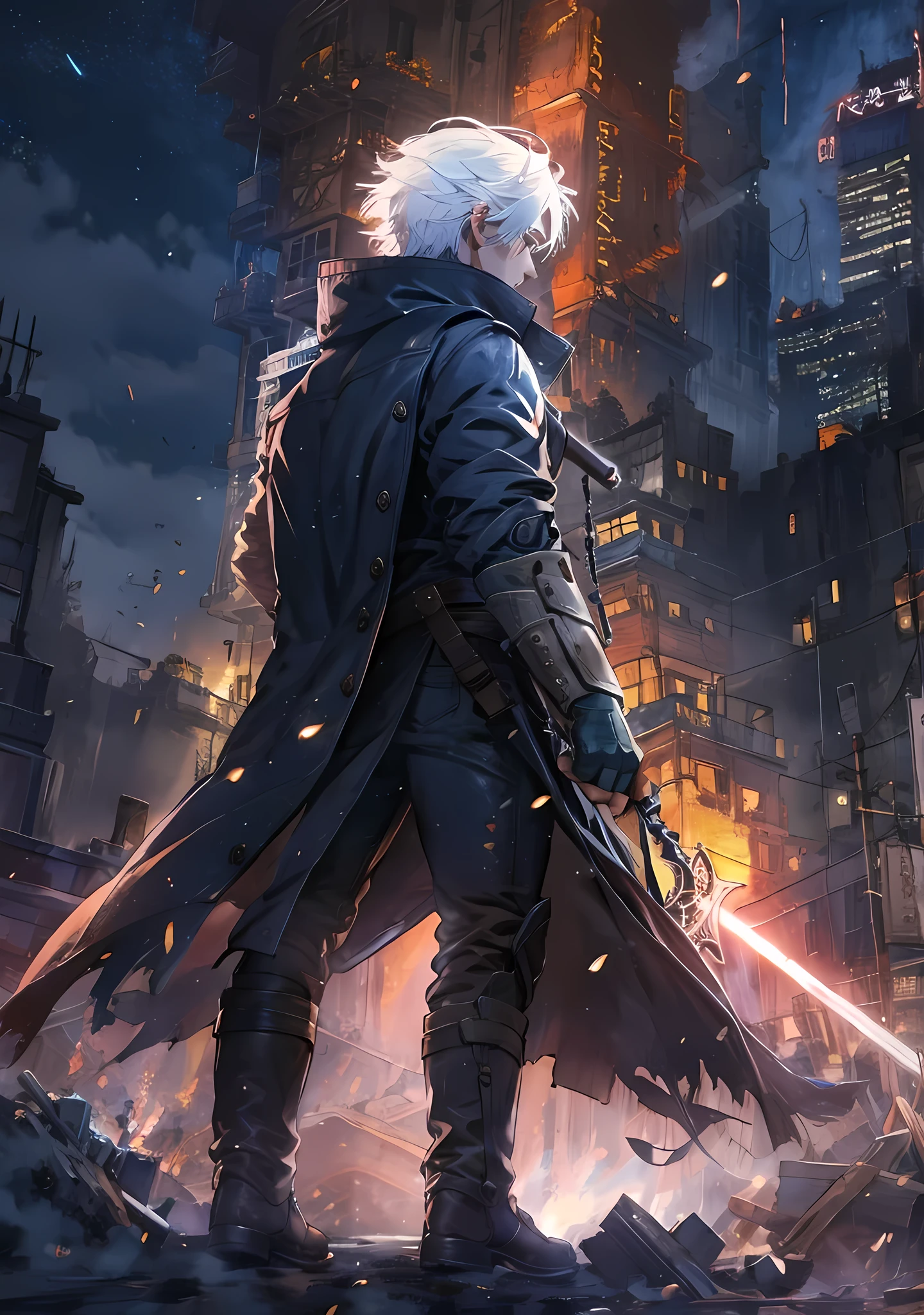 (masterpiece, best quality:1.2), 1boy, dante, white hair, open clothes, coat, fingerless gloves, belt, city, detailed eyes, destroyed buildings, destruction, (night:1.4), natural lighting, cinematic, epic, Battle pose, surrounded by blue fire, wallpaper 4k, highest quality digital art, Stunning art,8k,64k, HD, unparalleled masterpiece, dynamic lighting, cinematic, epic