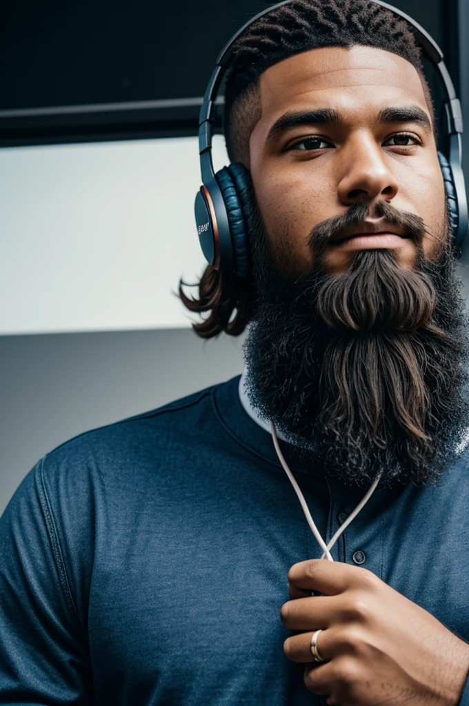 Rapper about 21 years old with a well undegraund beard,with headphones on,en comic undegraund,23k from Hyperreal.