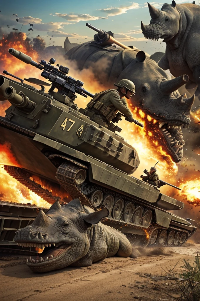 Draw a crocodile shooting a bazooka while a rhino shoots him with a 50 Caliber while a tank explodes while they are in hell with explosions all around