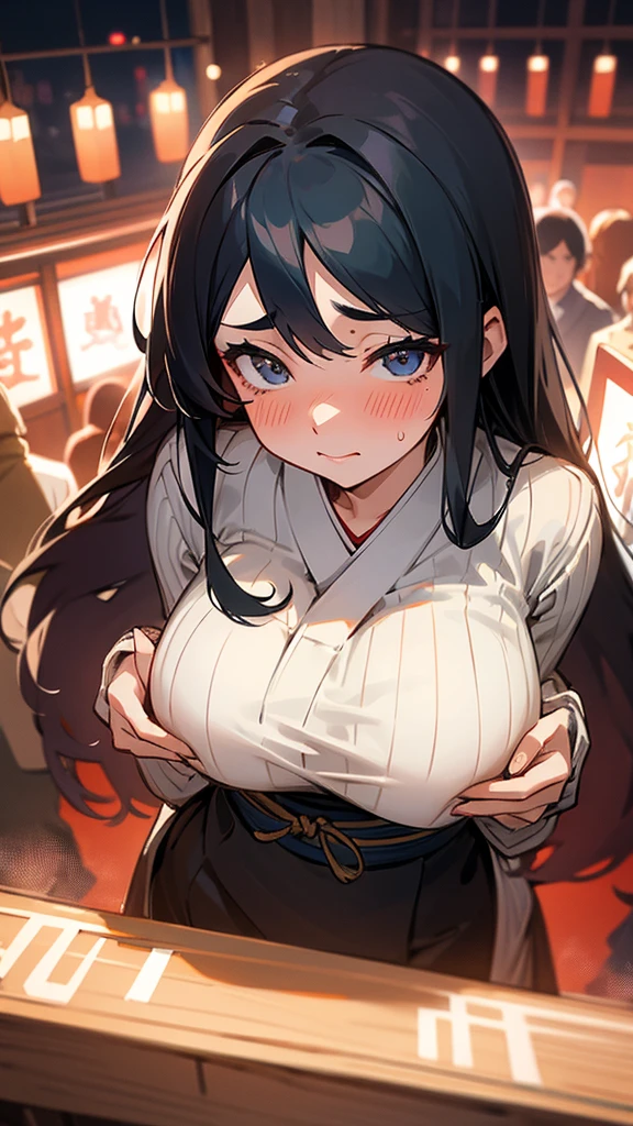 two women,sweater with open chest,rubbing own breast,large breasts,cute face,beautiful face,embarrassed,straight hair,hair,from above,night,crowd of people,high quality,japanese,beautiful woman