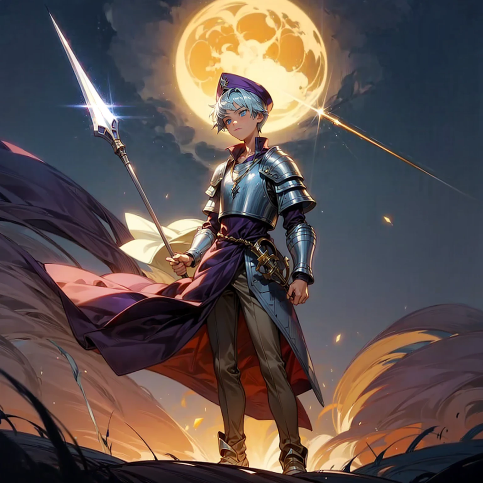 1boy, Full body version, 1character, blue eyes color, sad eyes, eyeliner, tan skin, classic fade haircut, almond eyes type, brown colour hair, medieval clothing style, breton hat, armor body, purple color clothing, silver necklaces, gold armor on hand, gold long spear in hand, Grassroots background in field town, motion blur, plasma, fire, in night, moon, lighting fire, lighting moon, battle gesture, lighting gold Spear, 