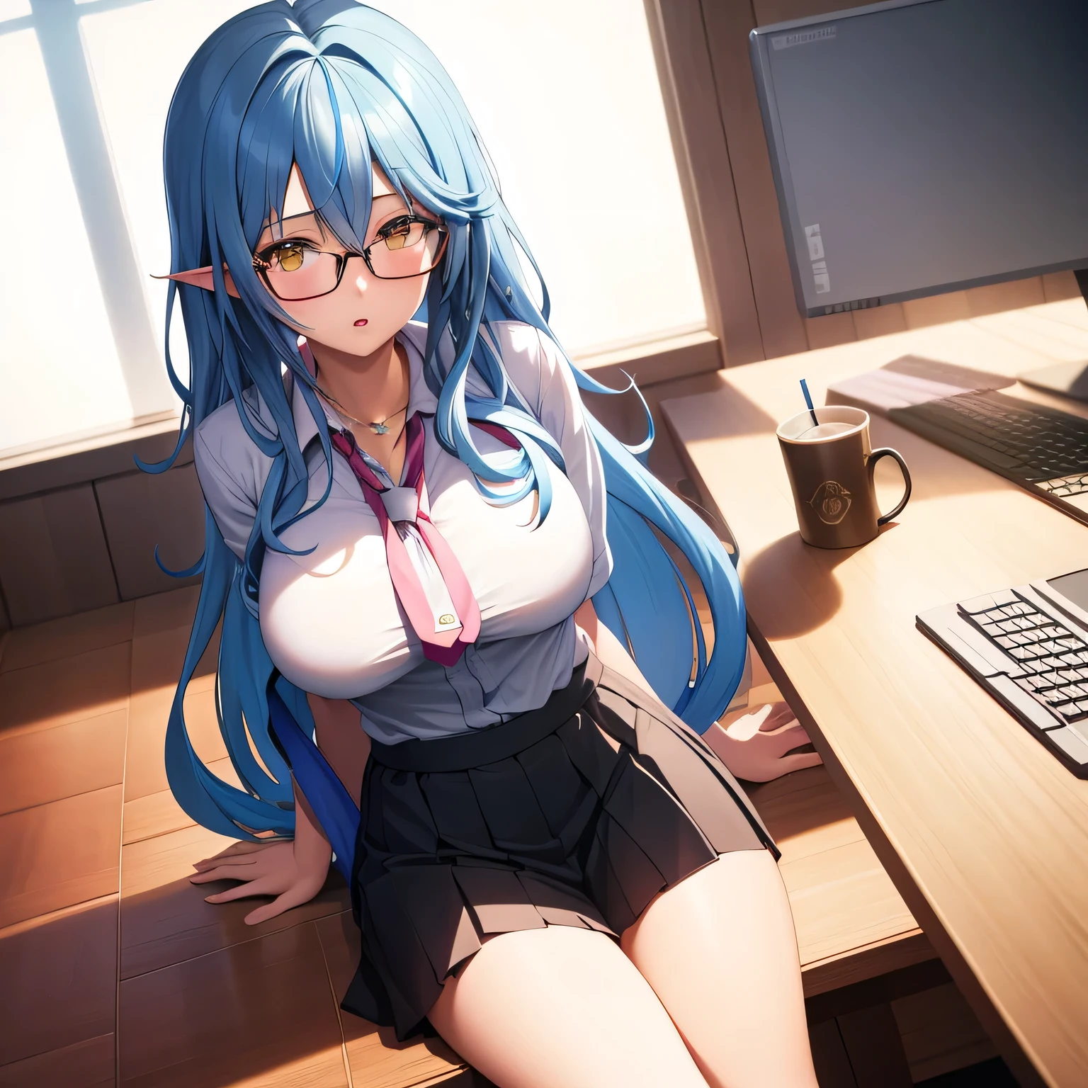 Long blue hair、Blue-green eyes、Severe myopia、Glasses、Big Breasts、Horrified face、Beauty、24-years-old、highest quality、High resolution、Anime illustration、Wet nudes、Hand bra、Teacher