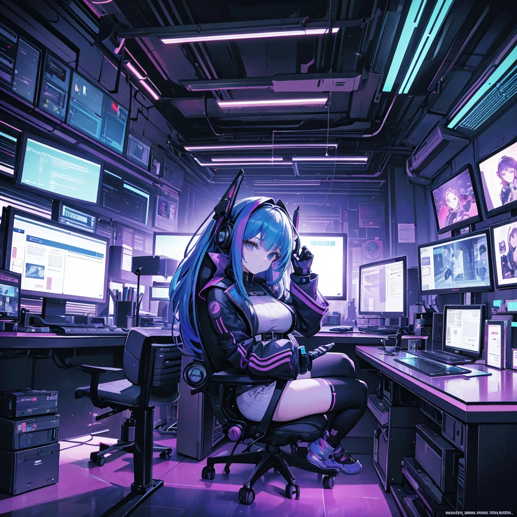 A highly detailed cyberpunk-themed illustration of a young woman in a futuristic office. She is sitting on a high-tech chair with her back facing the viewer, working at a cluttered desk filled with multiple computer screens, keyboards, and electronic devices. The screens display various data, images, and interfaces, indicating a complex digital workspace. The walls are covered with framed pictures of different landscapes and futuristic cityscapes, creating an eclectic and visually stimulating environment. The woman has long, multicolored hair styled in a voluminous manner, and she is wearing a stylish, form-fitting outfit with intricate patterns. The room is filled with a mix of high-tech gadgets, vintage items, and personal belongings, reflecting a blend of modern and retro elements. The lighting is dim, with a warm, ambient glow coming from desk lamps and screens, enhancing the cyberpunk atmosphere. The overall color palette includes shades of blue, purple, and metallic tones, contributing to the futuristic and immersive setting.