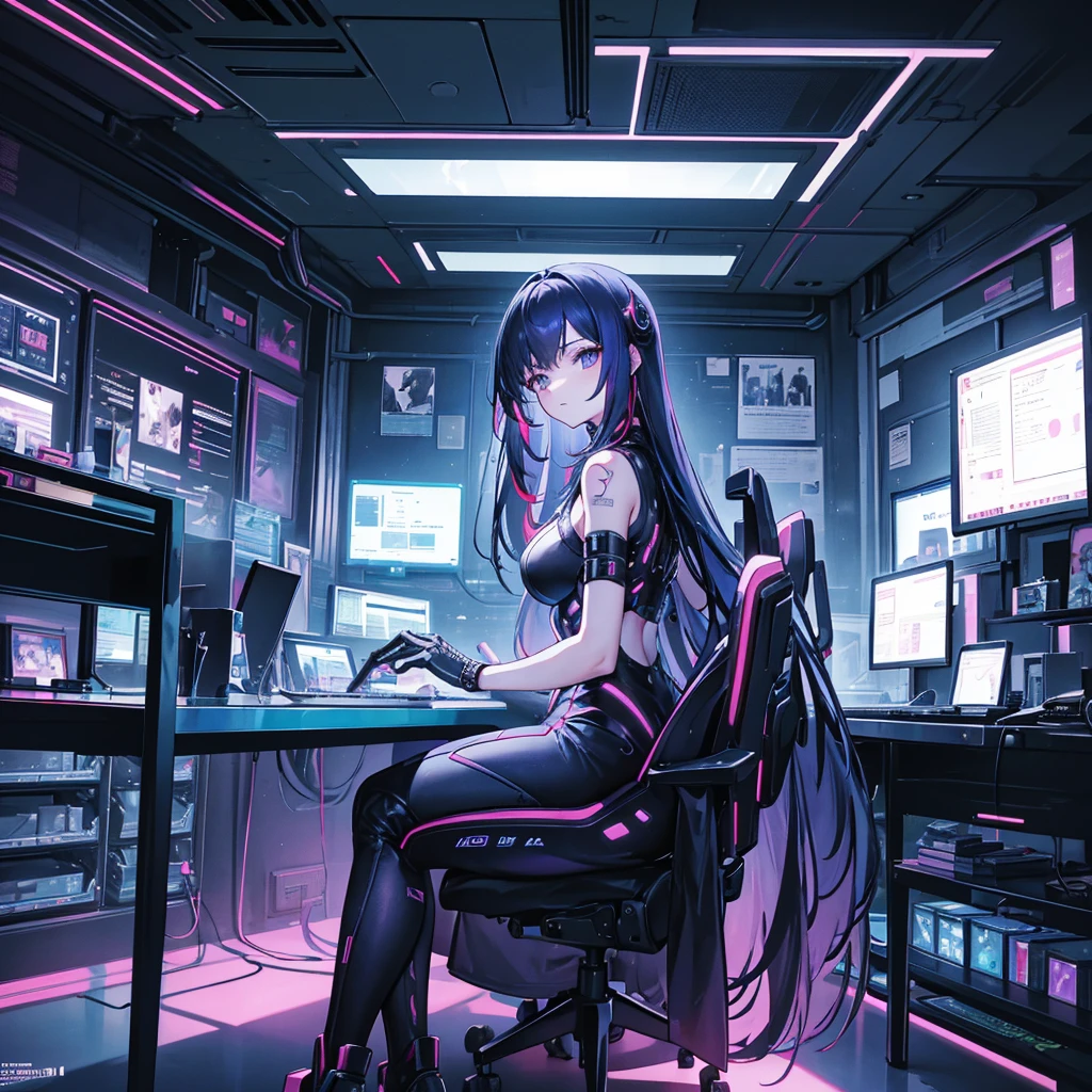 A highly detailed cyberpunk-themed illustration of a young woman in a futuristic office. She is sitting on a high-tech chair with her back facing the viewer, working at a cluttered desk filled with multiple computer screens, keyboards, and electronic devices. The screens display various data, images, and interfaces, indicating a complex digital workspace. The walls are covered with framed pictures of different landscapes and futuristic cityscapes, creating an eclectic and visually stimulating environment. The woman has long, multicolored hair styled in a voluminous manner, and she is wearing a stylish, form-fitting outfit with intricate patterns. The room is filled with a mix of high-tech gadgets, vintage items, and personal belongings, reflecting a blend of modern and retro elements. The lighting is dim, with a warm, ambient glow coming from desk lamps and screens, enhancing the cyberpunk atmosphere. The overall color palette includes shades of blue, purple, and metallic tones, contributing to the futuristic and immersive setting.