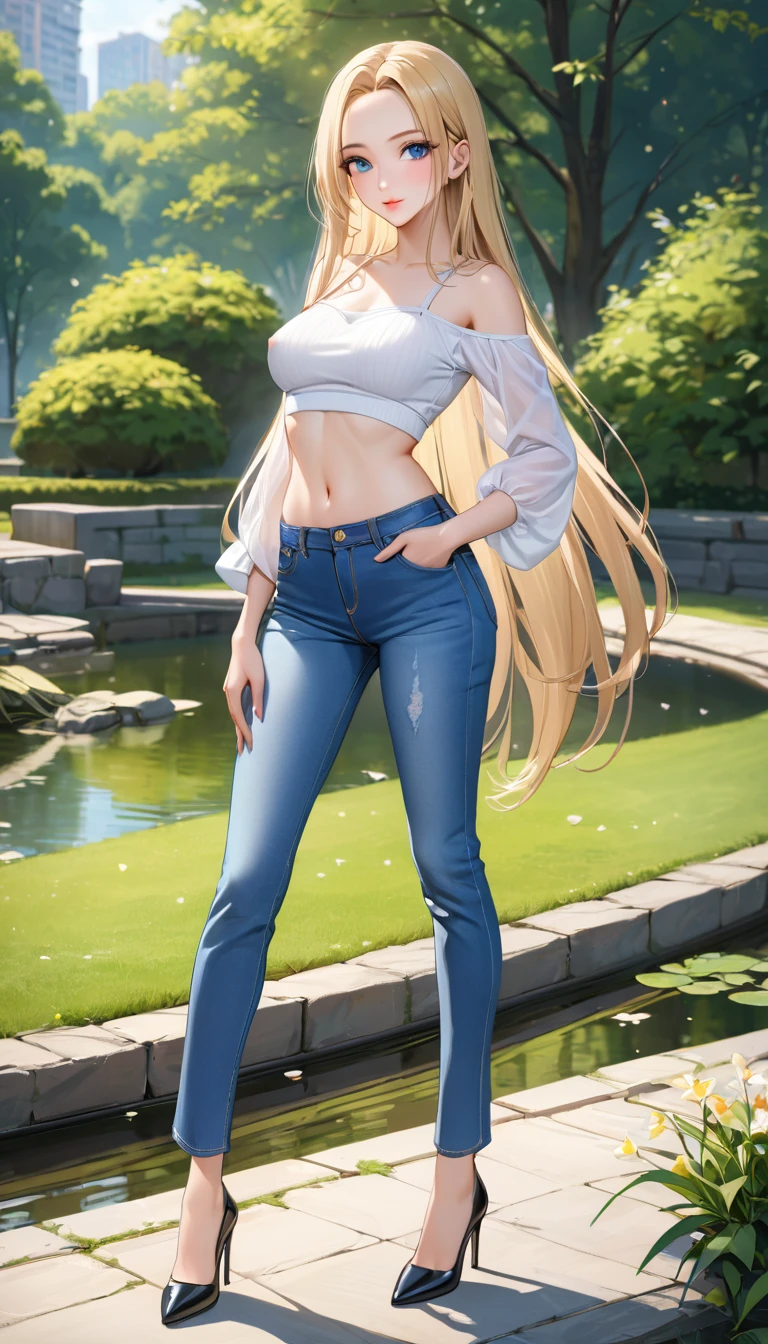 ((best quality, masterpiece:1.3, 8K)), (detailed), highly detailed face and skin texture, detailed eyes, (seductive pose:1.1), park, pond, full body, (slender body:1.1), 1girl, 25 years old, white skin, blue eyes, bright lips, seductive smile, blonde hair, straight hair, very long hair, (forehead:1.0), bright colored clothes, white croptop, medium breast, hard nipples, navel, jeans pants, (flares jeans:1.1, light blue jeans), black heels,