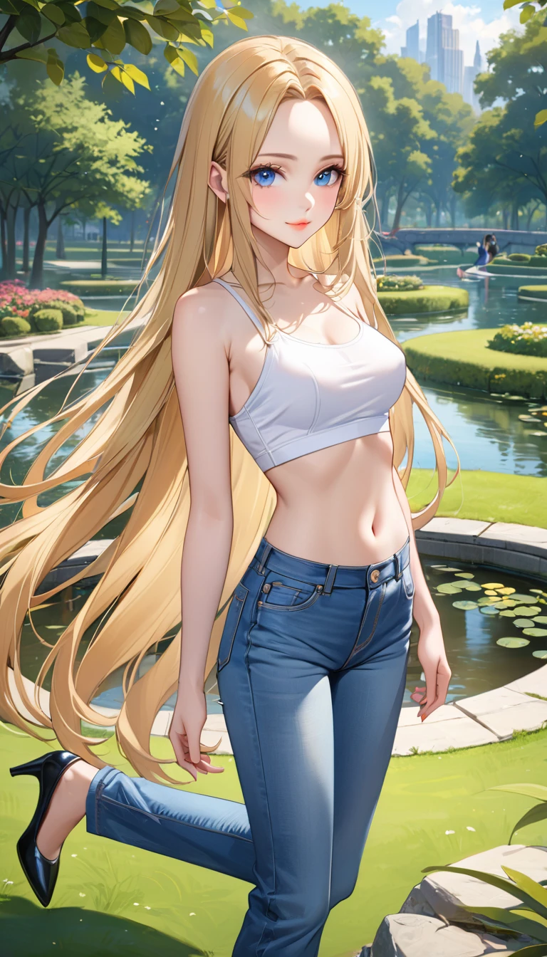 ((best quality, masterpiece:1.3, 8K)), (detailed), highly detailed face and skin texture, detailed eyes, (seductive pose:1.1), park, pond, full body, (slender body:1.1), 1girl, 25 years old, white skin, blue eyes, bright lips, seductive smile, blonde hair, straight hair, very long hair, (forehead:1.0), bright colored clothes, white croptop, medium breast, hard nipples, navel, jeans pants, (flares jeans:1.1, light blue jeans), black heels,