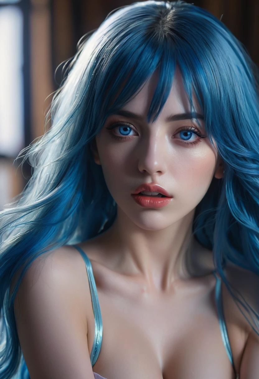 1girl, blue hair, long hair, extremely detailed face and eyes, beautiful detailed lips, beautiful detailed eyes, orgasm, double penetration, sensual, erotic, detailed anatomy, high quality, photorealistic, cinematic lighting, dramatic shadows, intense colors, glowing skin, hyper detailed, intricate detail, masterpiece