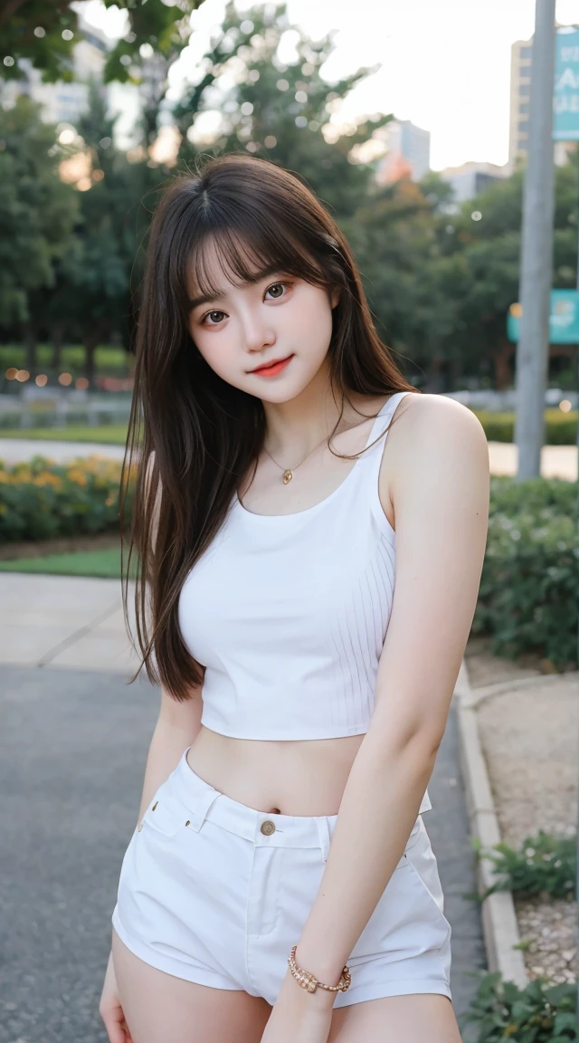 Gorgeus Girl, Beautiful, , 20 Years Old, White Skin, Beside, Sexy Pose, wearing tank top, Bokeh, park Background, Masterpiece, asking for a hug, full body Shot