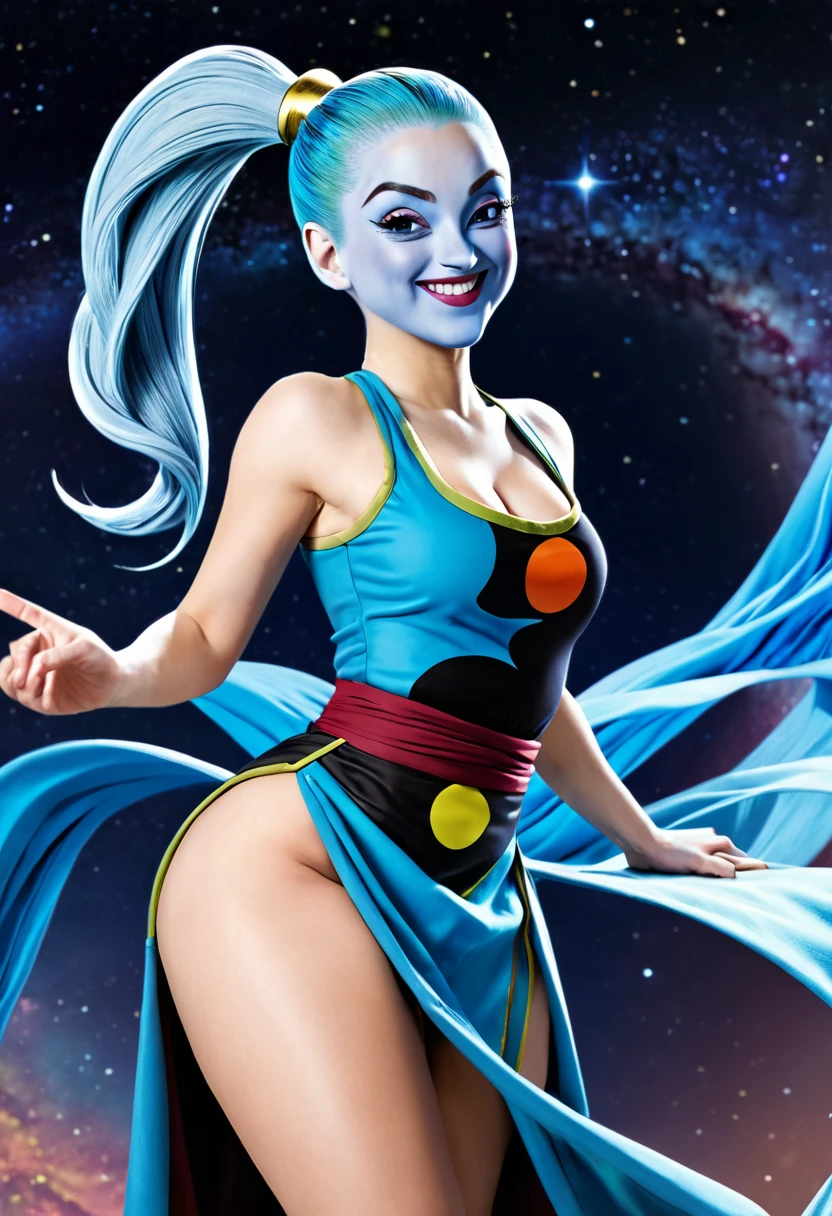 ((masterpiece,best quality)), absurdres,
Vados_DB, solo, ponytail, blue skin, smiling, curvy, split dress, thigh, 
space in background, cinematic composition,