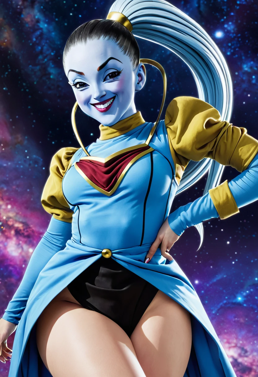 ((masterpiece,best quality)), absurdres,
Vados_DB, solo, ponytail, blue skin, smiling, curvy, split dress, thigh, 
space in background, cinematic composition,