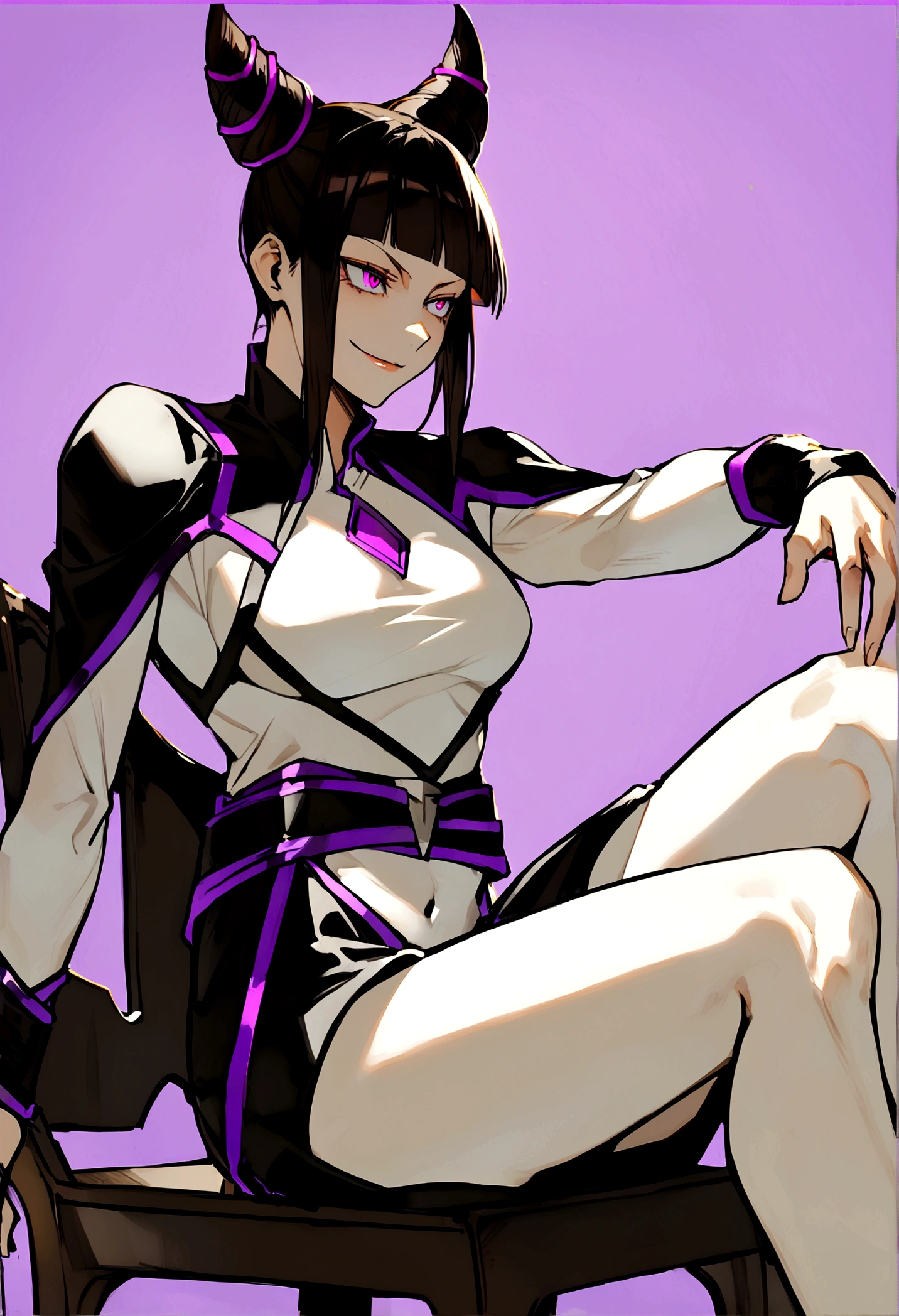 juri han,horn hair,shining purple eyes,sitting on a chair,looking straight ahead,evil smile,black short skirt,nice legs,bangs on the eyes,white tight shirt
