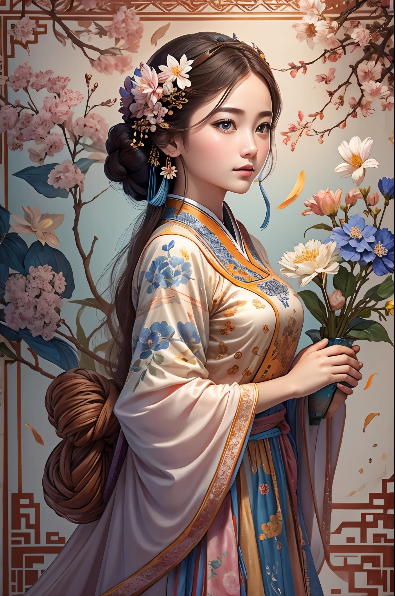 Light color,A poster for the exhibition of "a modern vase in Chinese style", featuring an illustration in the style of Chen Jialing, depicting a white porcelain jar with blue and orange patterns on it, adorned with traditional flower carvings. A girl stands next to her holding the white porcelain jar, surrounded by blooming cherry blossoms. The background is a warm red color that highlights details. --ar 3:4 --s 250 --niji 5
