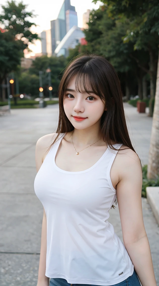 Gorgeus Girl, Beautiful, , 20 Years Old, White Skin, Beside, Sexy Pose, wearing tank top, Bokeh, park Background, Masterpiece, asking for a hug, full body Shot