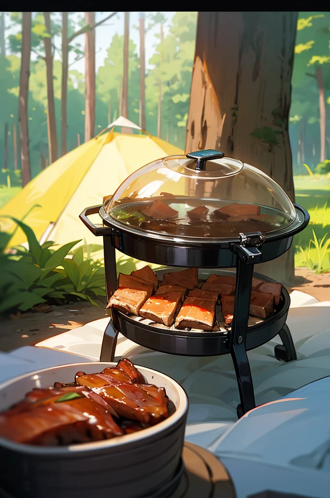 camping,forest,Small tent,gourmet food,Vision,4K,Someone is doing barbecue in the foreground