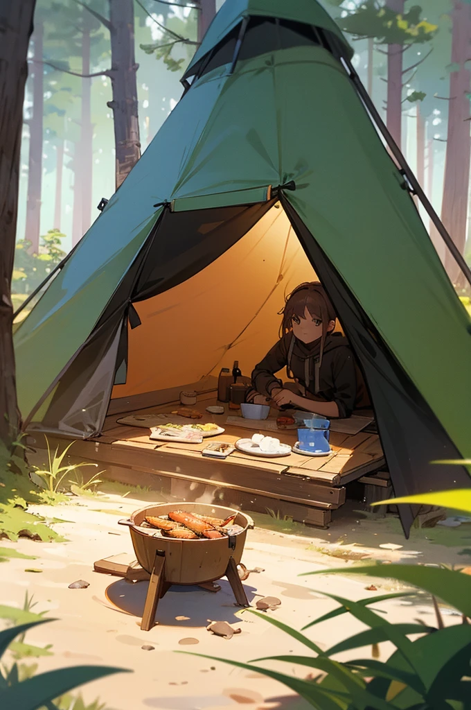 camping,forest,Small tent,gourmet food,Vision,4K,Someone is doing barbecue in the foreground