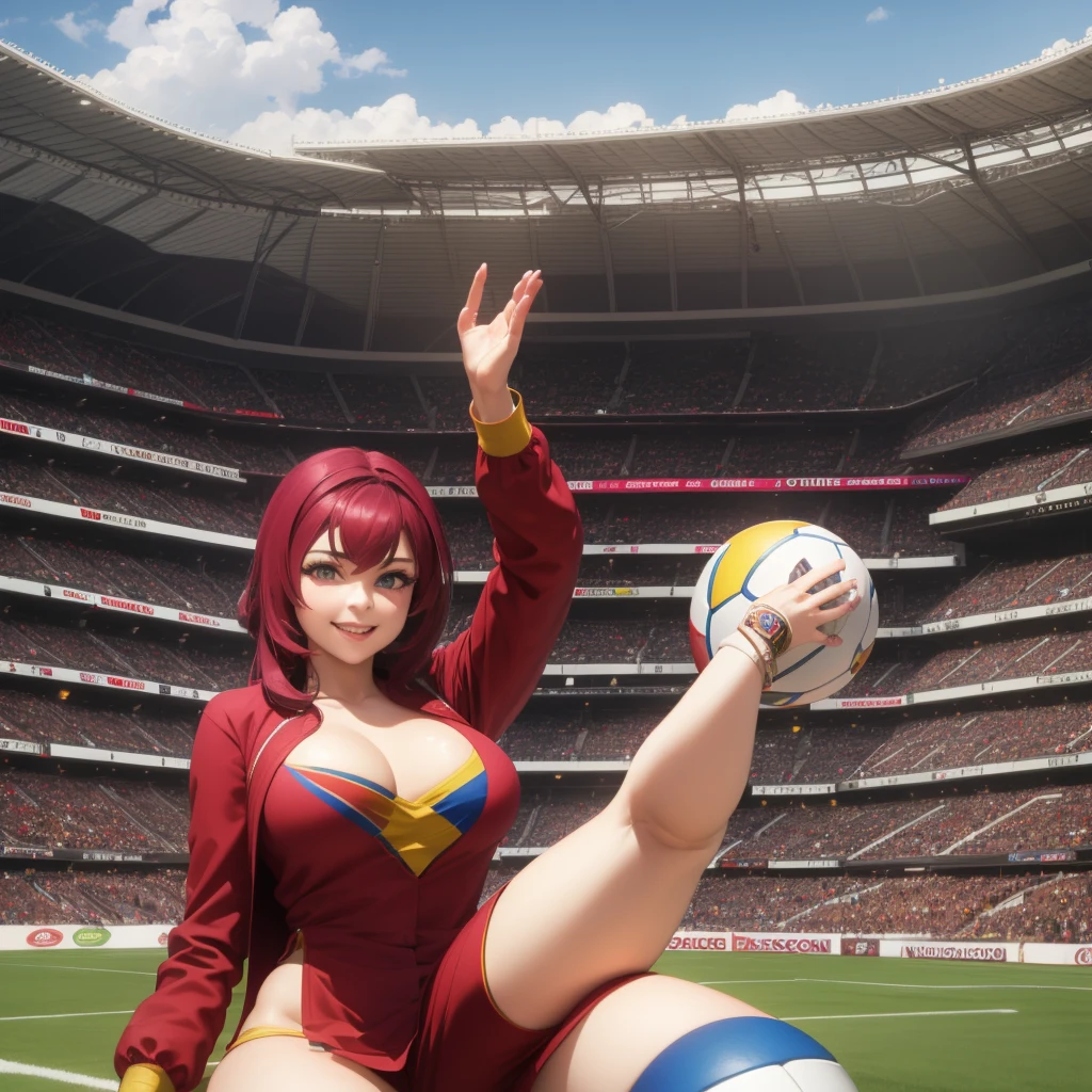 1-Girl dressed as Vinotinto Venezuelan soccer team, sexy, beautiful smile, in the background a football stadium