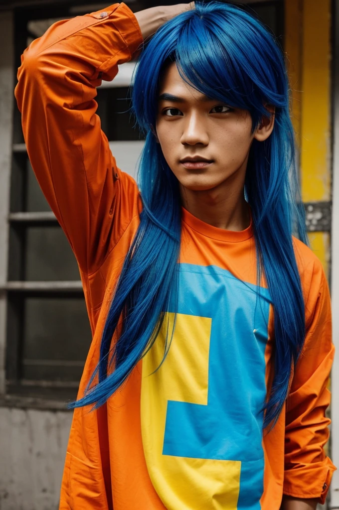 Blue hair, pakai rambut getah panjang rambut, rubber hair color red and yellow and orange, his shirt is red and orange,