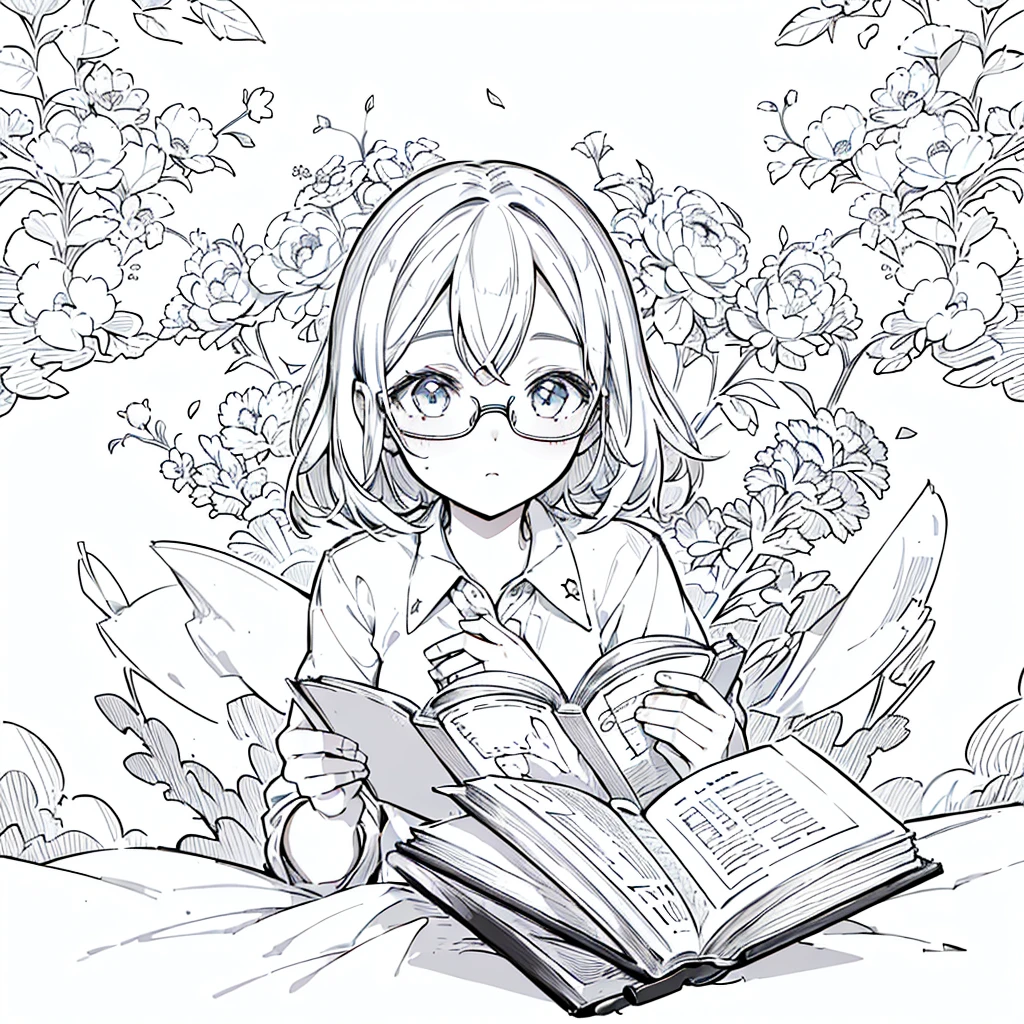 A girl,close up, wearing white shirt, reading a book, (best quality:1.3), (highres:1), (detailed:1.3), (incredible:1.3), (perfect:1.3), (perfection:1.3), (illustration:1.3), she's getting fun while reading it, dynamic on scene,Wear glasses