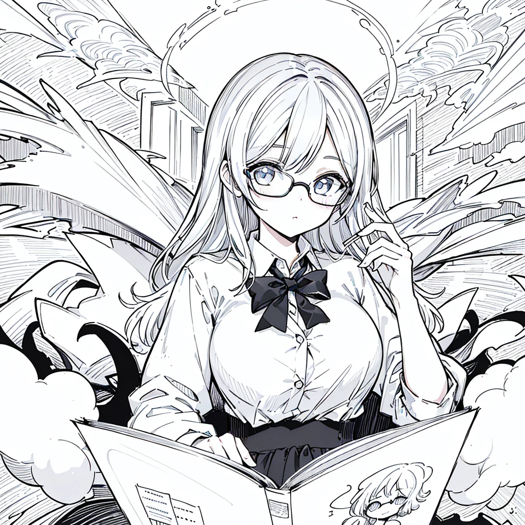 A girl,close up, wearing white shirt, reading a book, (best quality:1.3), (highres:1), (detailed:1.3), (incredible:1.3), (perfect:1.3), (perfection:1.3), (illustration:1.3), she's getting fun while reading it, dynamic on scene,Wear glasses
