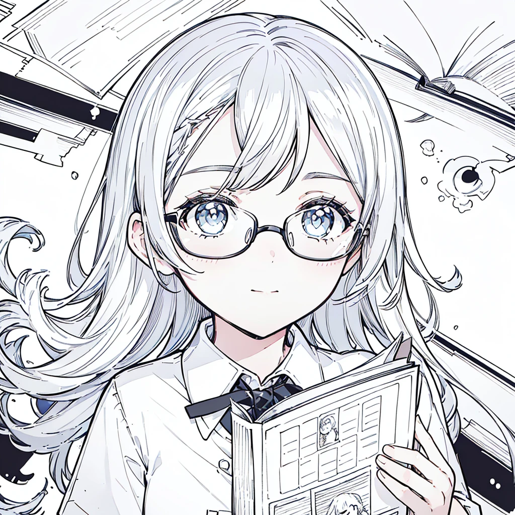 A girl,close up, wearing white shirt, reading a book, (best quality:1.3), (highres:1), (detailed:1.3), (incredible:1.3), (perfect:1.3), (perfection:1.3), (illustration:1.3), she's getting fun while reading it, dynamic on scene,Wear glasses