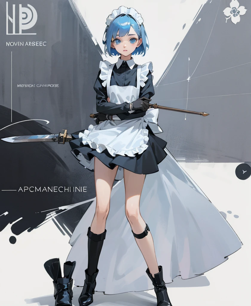 (masterpiece), ((Highest quality)), (Very detailed), (Beautiful eyes Beautiful details Eyes, Clean and delicate face), alone, Severe, Sword Drawing Technique, Blue Bob Hair, (blue eyes, Maid Fashion, White collar, mini skirt), thigh, Black gloves, Black Army Boots