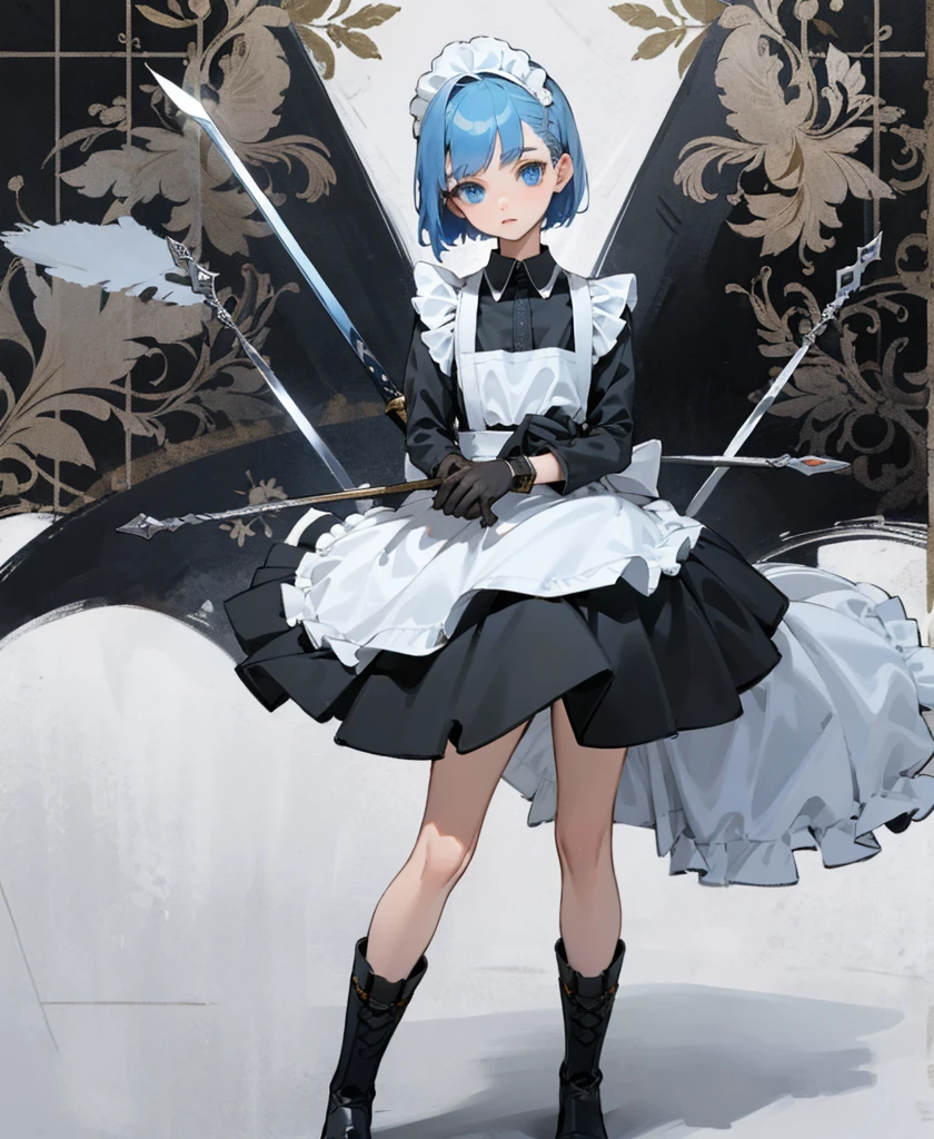 (masterpiece), ((Highest quality)), (Very detailed), (Beautiful eyes Beautiful details Eyes, Clean and delicate face), alone, Severe, Sword Drawing Technique, Blue Bob Hair, (blue eyes, Maid Fashion, White collar, mini skirt), thigh, Black gloves, Black Army Boots