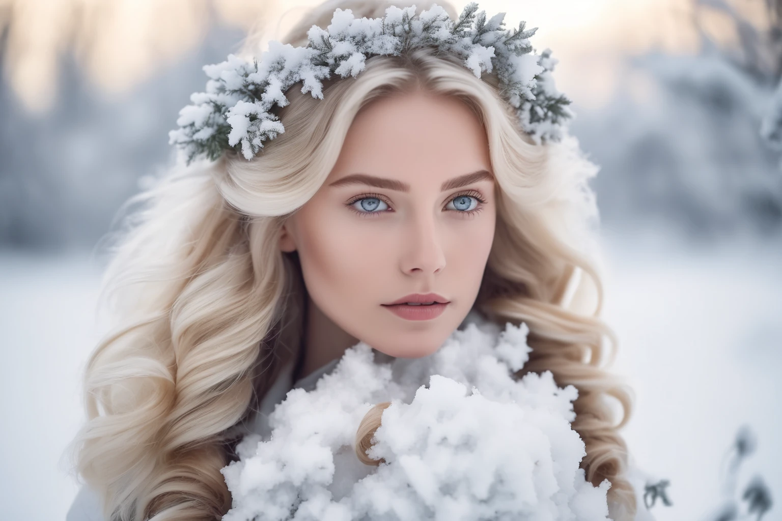 arafed blonde woman in a snowy field with snow on her hair, looking at the camera,soft portrait shot 8 k, winter princess, with frozen flowers around her, gentle snow, soft light of winter, winter snow, beautiful soft lighting, pale skin curly blond hair, cold but beautiful, snowy winter, cold snowy, cold winter, ethereal beauty, in snow