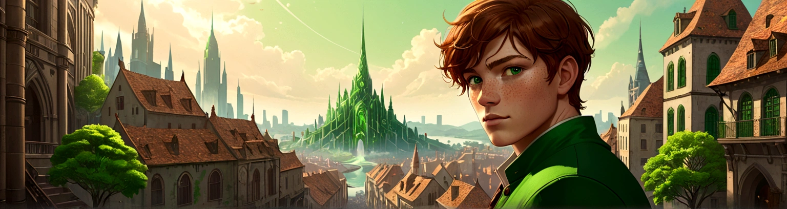 Male, solo, short brown hair, green eyes, freckles, fantasy city background