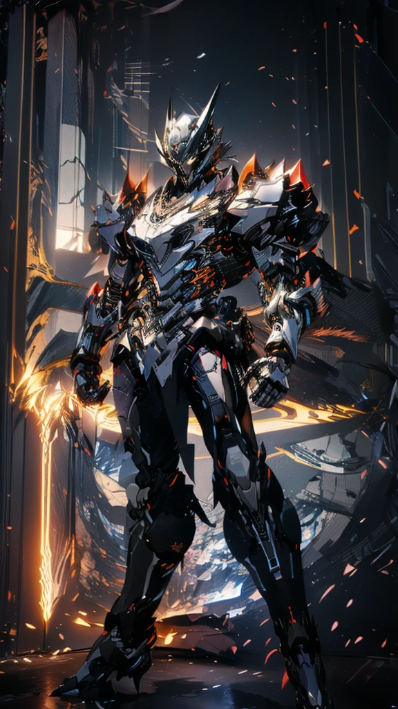 (Masterpiece, best quality:1.4), colorful, high contrast, Genos white shirt, Sleeveless, black pants, mechanical arm, glow, glow eyes, glow hand, stand, fighting posture