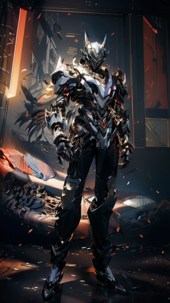 (Masterpiece, best quality:1.4), colorful, high contrast, Genos white shirt, Sleeveless, black pants, mechanical arm, glow, glow eyes, glow hand, stand, fighting posture