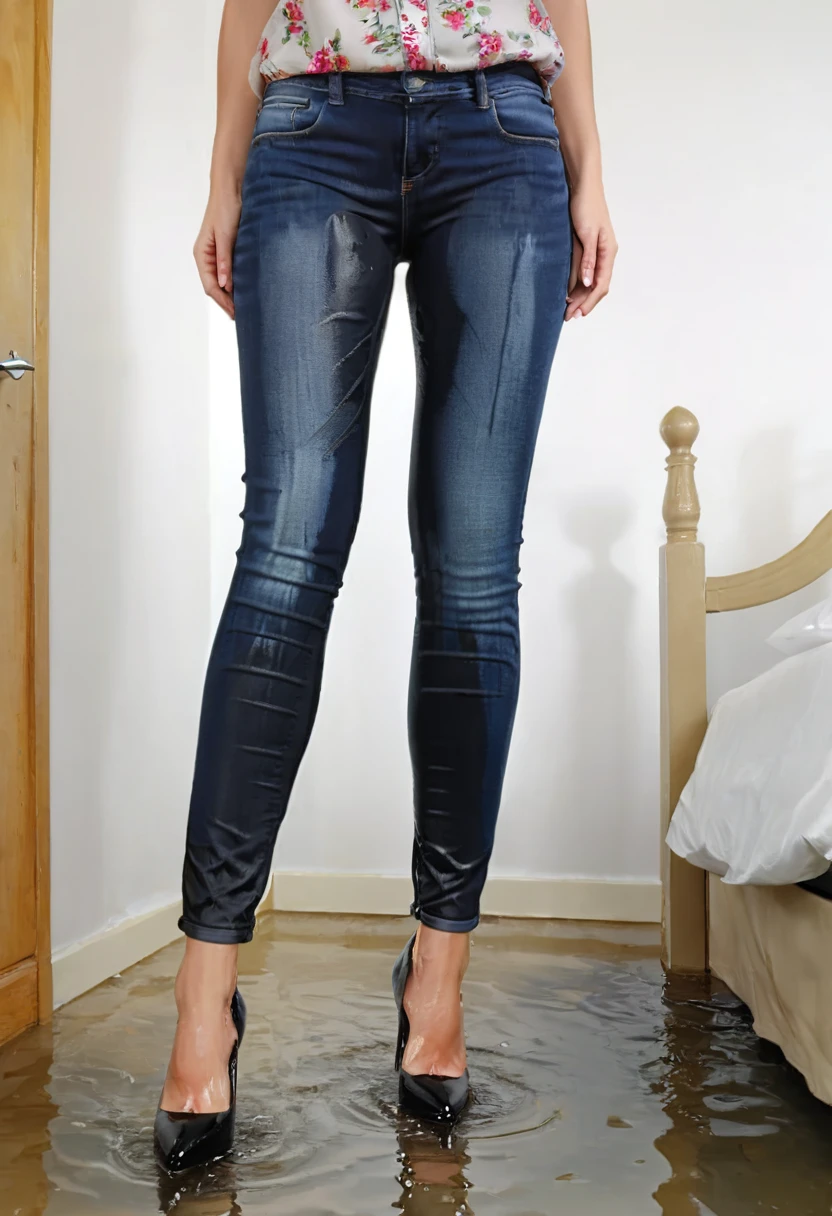 attractive blonde woman, skinny jeans, high heel pumps, work blouse, standing in a bedroom, wetting, big smile, pee stains are gleaming wet, pee run down legs, shoes flooded with pee, show heels, (((head in frame:1.4))), lower legs of jeans soaking wet, a stream of pee flows between her legs, ((full-length body shot))
