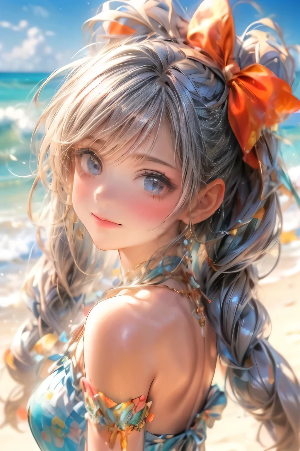 a cute angelic girl, [soft fluffy braided hair], ribbons, (((twin tails))), summer-like, [bright colored tiered dress], [subtle skin exposure], sandy beach, light smile, (best quality,4k,8k,highres,masterpiece:1.2),ultra-detailed,(realistic,photorealistic,photo-realistic:1.37),HDR,UHD,studio lighting,ultra-fine painting,sharp focus,physically-based rendering,extreme detail description,professional,vivid colors,bokeh,portraits,