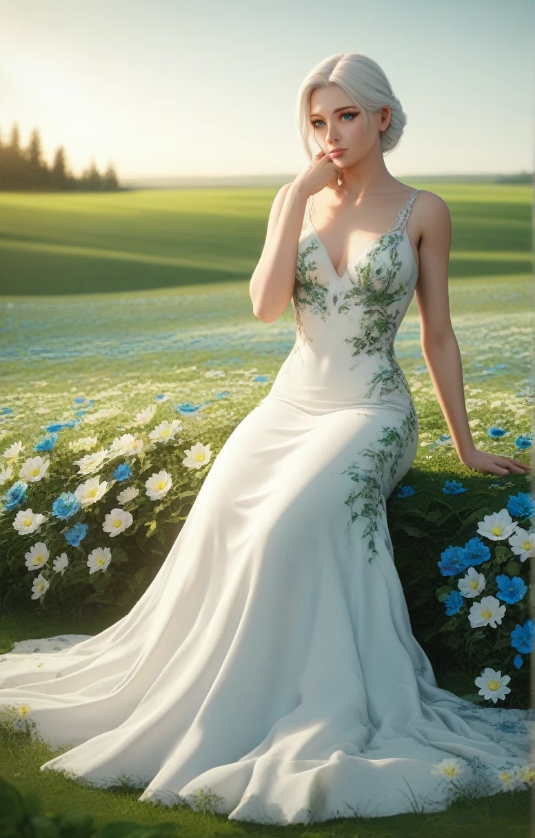 a girl with long white hair sitting in a field of lush green plants and colorful flowers, hand under chin, warm lighting, white flowing dress, blurred foreground, (best quality,4k,8k,highres,masterpiece:1.2),ultra-detailed,),intricate details,cinematic lighting,natural scenery,delicate facial features,beautiful eyes,soft skin,elegant pose,serene atmosphere,vibrant colors,landscape photography
