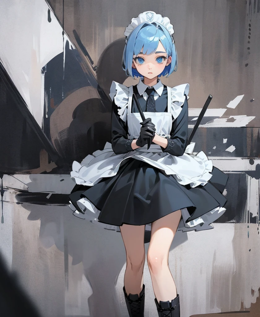(masterpiece), ((Highest quality)), (Very detailed), (Beautiful eyes Beautiful details Eyes, Clean and delicate face), alone, Severe, Sword Drawing Technique, Blue Bob Hair, (blue eyes, Maid Fashion, White collar, mini skirt), thigh, Black gloves, Black Army Boots