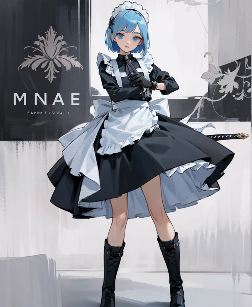 (masterpiece), ((Highest quality)), (Very detailed), (Beautiful eyes Beautiful details Eyes, Clean and delicate face), alone, Severe, Sword Drawing Technique, Blue Bob Hair, (blue eyes, Maid Fashion, White collar, mini skirt), thigh, Black gloves, Black Army Boots