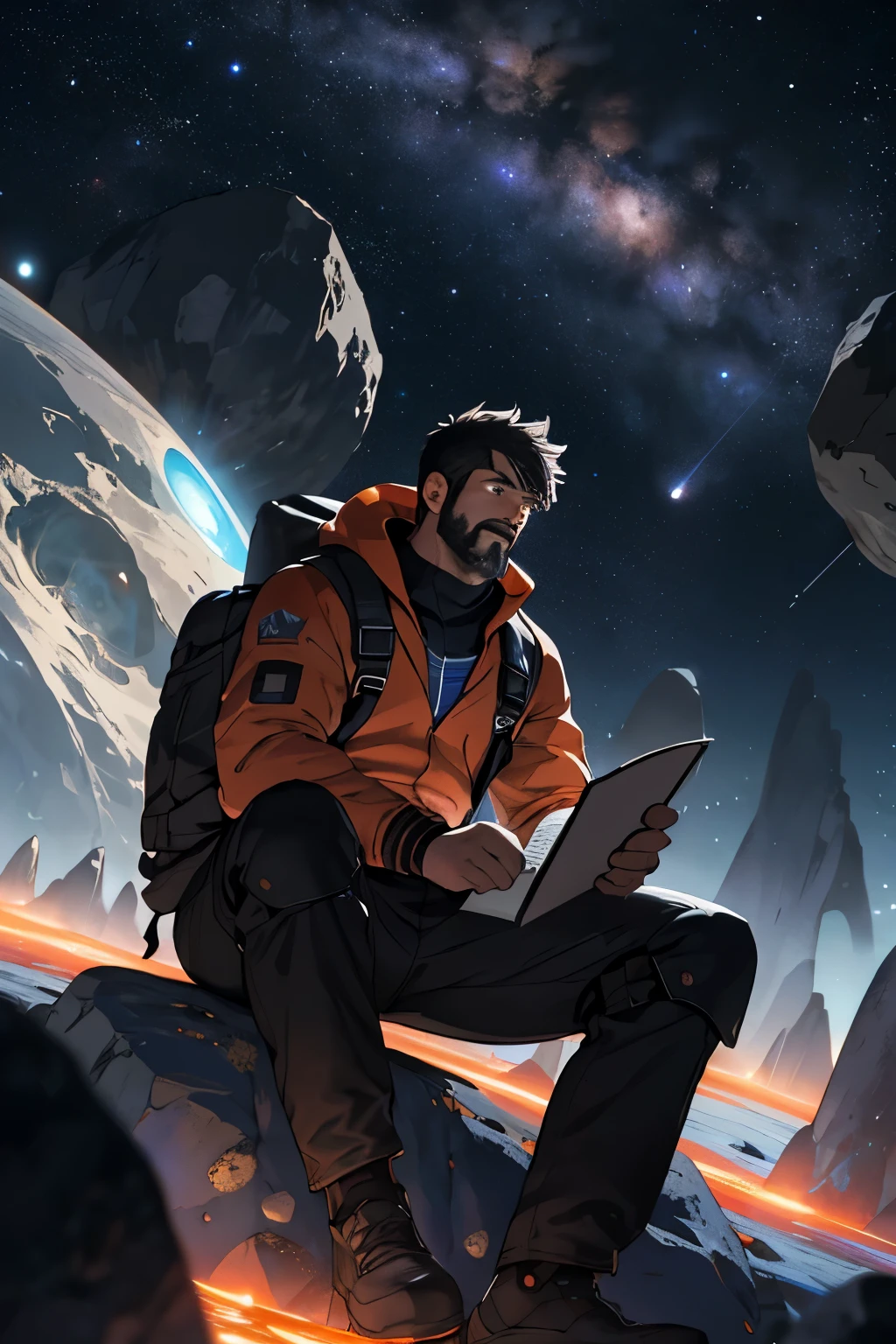 Draw a young programmer., sitting on a research platform floating in the middle of an asteroid belt. He is studying with a notebook., surrounded by several asteroids that shine with fiery auras. Spectacular illumination of distant stars and planets illuminates the scene., casting deep shadows on the suit. The young man seems confident and determined., looking at the vast and mysterious universe with awe and respect,facial hair, cowboy shot,