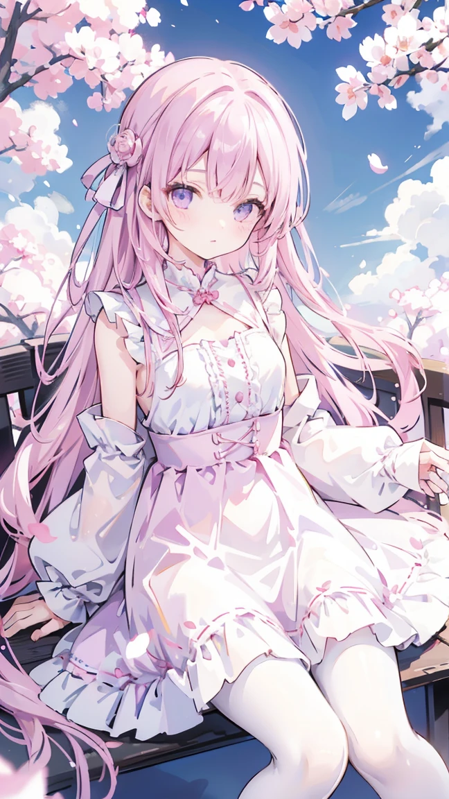 1 Girl, Pink Dress, Purple tops, whole body, White Pantyhose, Highest quality, 8K, Outdoor, Pink petals fall