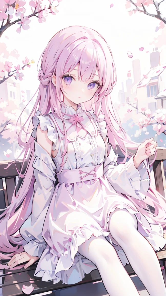 1 Girl, Pink Dress, Purple tops, whole body, White Pantyhose, Highest quality, 8K, Outdoor, Pink petals fall