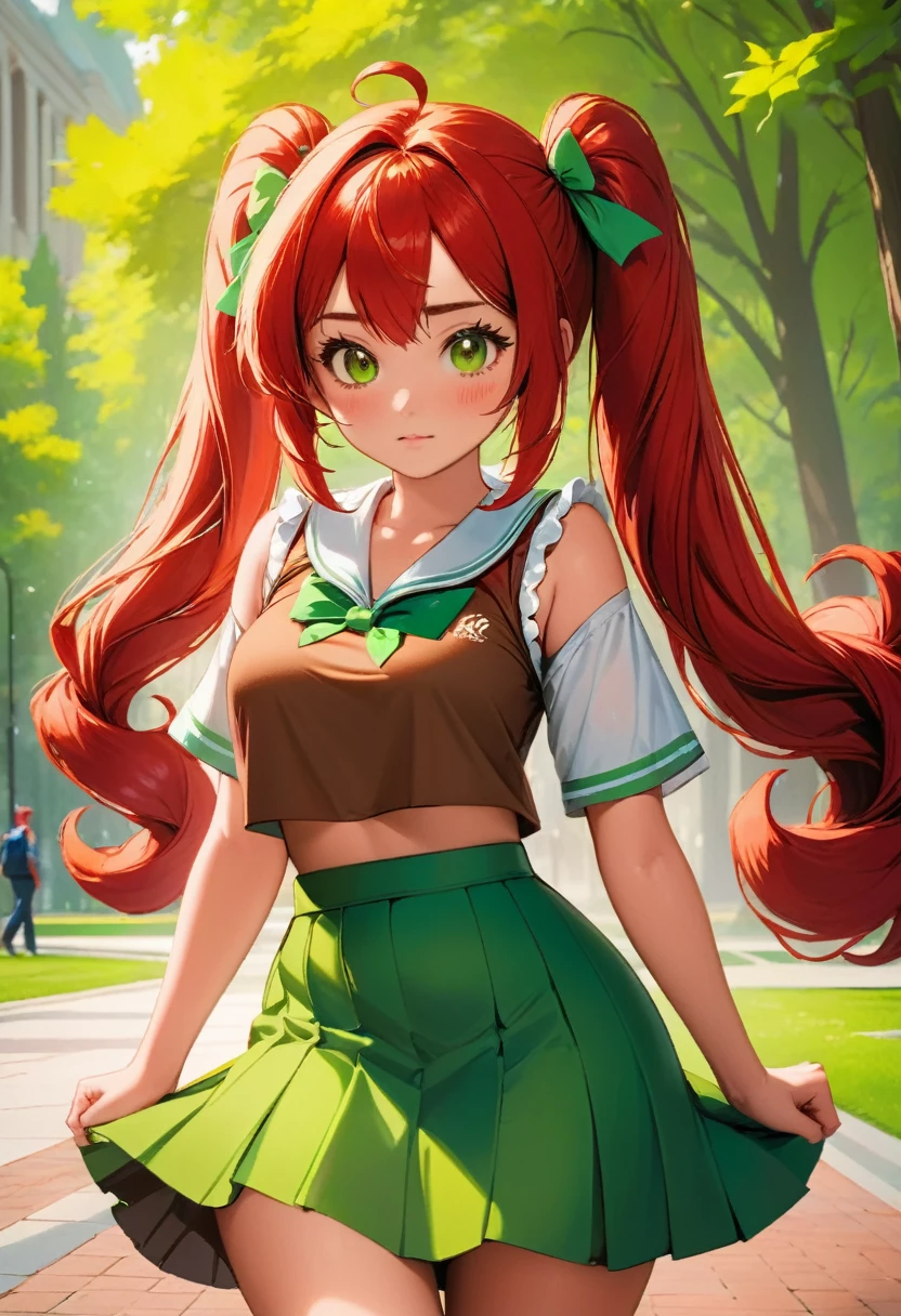 Masterpiece, The best quality, highres, 8k, vivid colors, Photography, A beautiful 25 year old university student, angelic face, a mole on the face, tremendously provocative body, green short, twin tails, (red hair), brown eyes, Very long hair, playful pose, the background is a university campus, High contrast