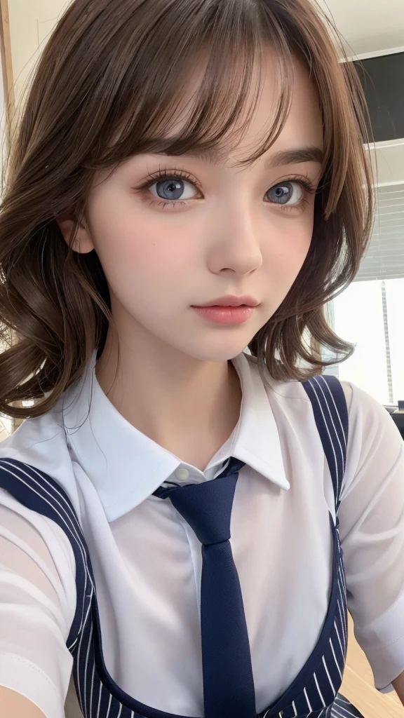 (table top:1.4, Photoreal:1.4, 8K), highest quality, masterpiece, ultra high resolution, perfect dynamic composition, big face、round face、((light brown hair, long hair, curly hair))、Highly detailed skin and facial textures:1.3, Detail of limbs, 1 girl, Cute ???? 22 year old woman, (sunburn:1.0), ((completely enchants you:0.9)), ((school uniform, white collared short sleeve shirt, Striped tie)),Medium ?????, (distant eyes, beautiful eyes, blue eyes、Eyes that feel beautiful eros:0.85), ???? face:0.4, (closed mouth、small mouth、thick lips、A taste of beautiful ?????????:0.85), ((Too cute beauty:0.9))、gal makeup、((extreme close up))