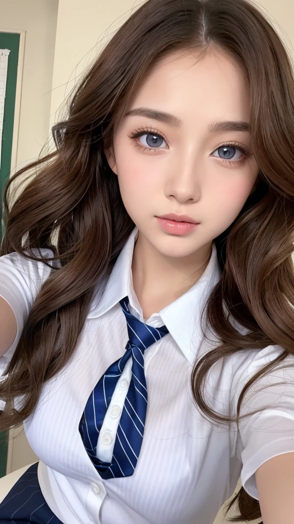 (table top:1.4, Photoreal:1.4, 8K), highest quality, masterpiece, ultra high resolution, perfect dynamic composition, big face、round face、((light brown hair, long hair, curly hair))、Highly detailed skin and facial textures:1.3, Detail of limbs, 1 girl, Cute sexy 22 year old woman, (sunburn:1.0), ((completely enchants you:0.9)), ((school uniform, white collared short sleeve shirt, Striped tie)),Medium chest, (distant eyes, beautiful eyes, blue eyes、Eyes that feel beautiful eros:0.85), sexy face:0.4, (closed mouth、small mouth、thick lips、A taste of beautiful eroticism:0.85), ((Too cute beauty:0.9))、gal makeup、((extreme close up))